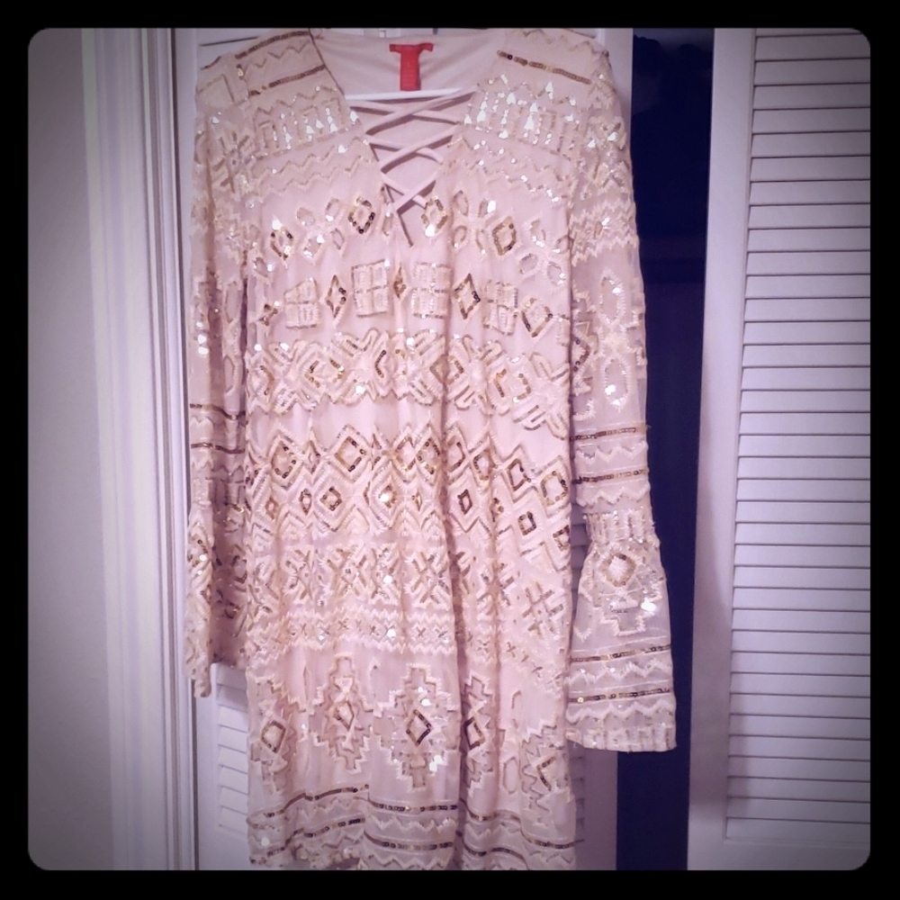 NWOT gold sequin dress with trumpet sleeve